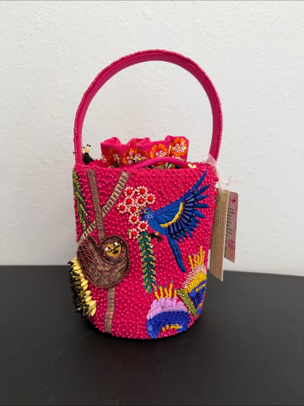 Handcrafted In India | Beaded Tropical Rainforest Macaw Bucket Bag 🦜🦥 🌴